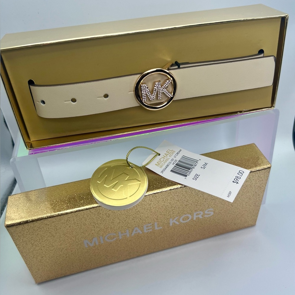 Michael Kors Ivory Belt with Gold MK Buckle size S/M. NIB